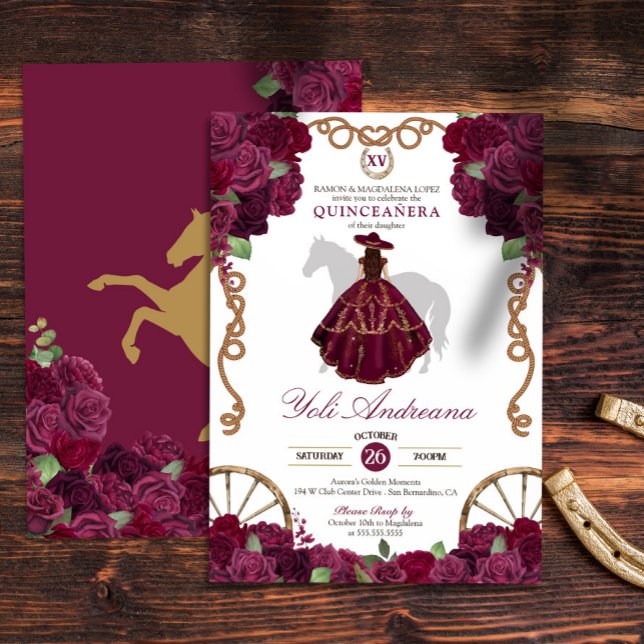 Maroon Dark Red Western Charro Quinceanera Invitation (Creator Uploaded)