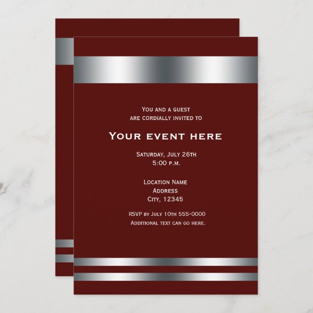Maroon Deep Red Silver Elegant Dinner Party Event Invitation (Front/Back)