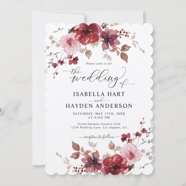 Maroon Dusty Rose Floral All In 1 QR Code Wedding Invitation (Front)