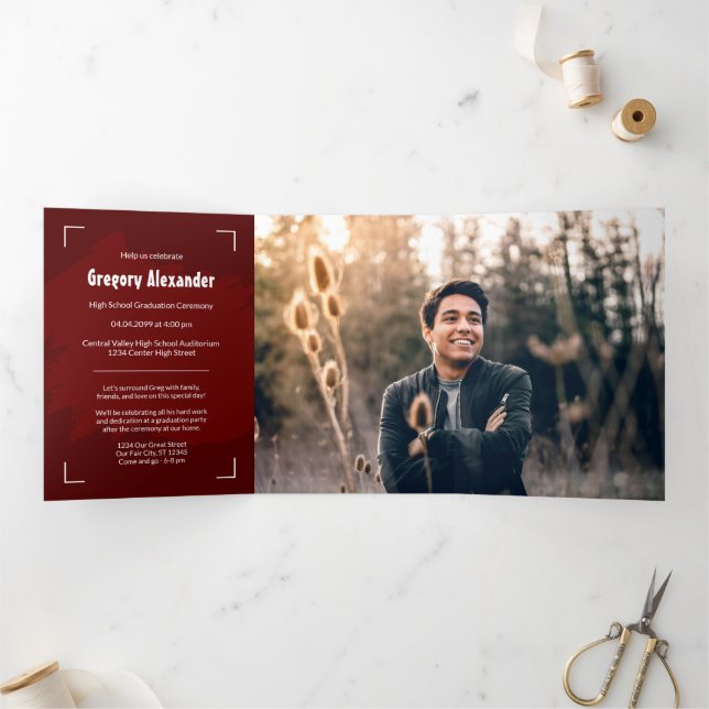 Maroon Edgy Abstract Brushstroke Photo Graduation Tri-Fold Invitation (Inside)