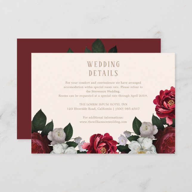 Maroon Fall Botanical and floral Wedding details Enclosure Card (Front/Back)