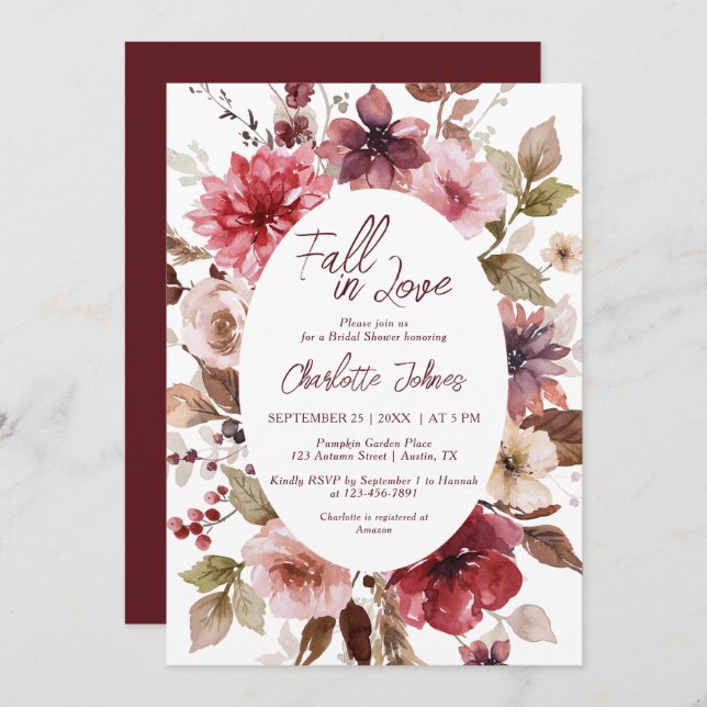 Maroon Fall in Love Blush Burgundy Bridal Shower Invitation (Front/Back)