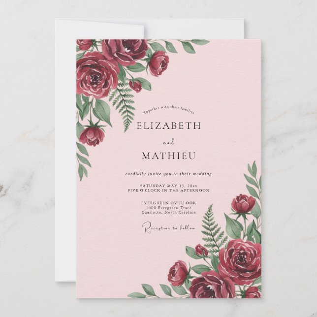 Maroon Fern Soft Pink Wedding Invitation (Front)