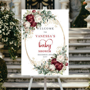 Maroon Floral Greenery Baby Shower Welcome Poster