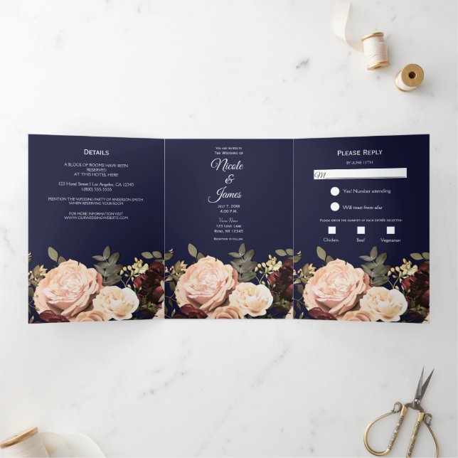 Maroon Floral Greenery Navy Blue Wedding  Tri-Fold Invitation (Inside)