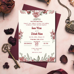 Maroon Floral Nikah Islamic Wedding Invitation