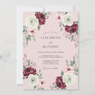 Maroon Foliage Pink Eucalyptus Wedding Invitation