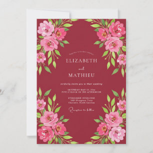 Maroon Fuchsia Rose Wedding Invitation