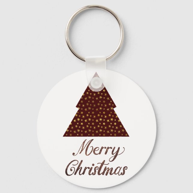 Maroon glitter christmas tree- merry christmas  key ring (Front)