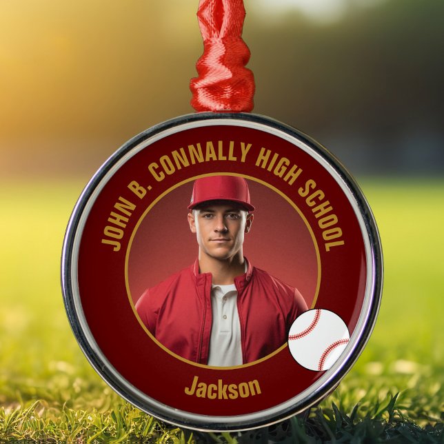 Maroon Gold Baseball Player Photo Christmas Metal Ornament (Creator Uploaded)