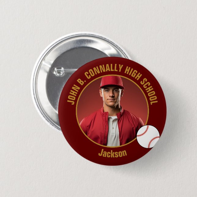Maroon Gold Baseball Player Photo High School 6 Cm Round Badge (Front & Back)