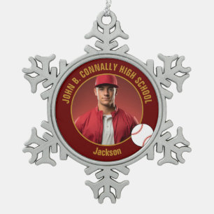 Maroon Gold Baseball Player Photo High School Snowflake Pewter Christmas Ornament