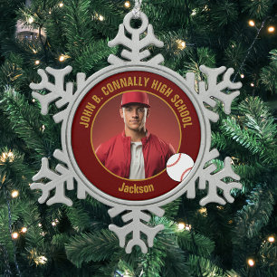 Maroon Gold Baseball Player Photo High School Snowflake Pewter Christmas Ornament