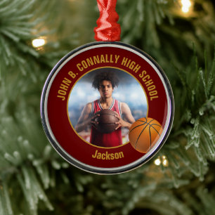 Maroon Gold Basketball Player Photo Christmas Metal Ornament