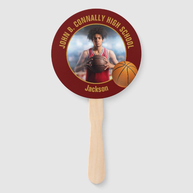 Maroon Gold Basketball Player Photo High School Hand Fan (Front)