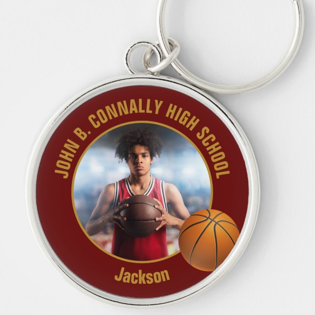 Maroon Gold Basketball Player Photo Key Ring (Front)