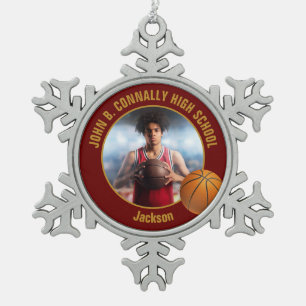 Maroon Gold Basketball Player Photo Snowflake Pewter Christmas Ornament