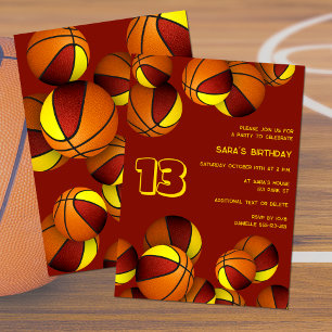 maroon gold basketballs kids sports birthday invitation