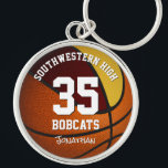 maroon gold boy girl basketball jersey number key ring<br><div class="desc">This sporty basketball themed keychain for boys or girls features a simple basketball graphic with two recolored panels--one maroon and one gold--and easily customizable school name & mascot name and player name & jersey number - by katz_d_zynes</div>
