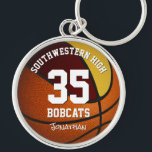 maroon gold boy girl basketball jersey number key ring<br><div class="desc">This sporty basketball themed keychain for boys or girls features a simple basketball graphic with two recolored panels--one maroon and one gold--and easily customizable school name & mascot name and player name & jersey number - by katz_d_zynes</div>