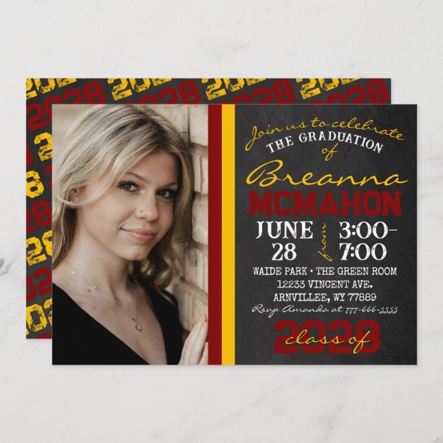 Maroon & Gold Chalkboard Graduation Photo Invitation (Front/Back)