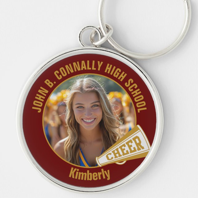 Maroon Gold Cheerleader Photo High School Key Ring (Front)