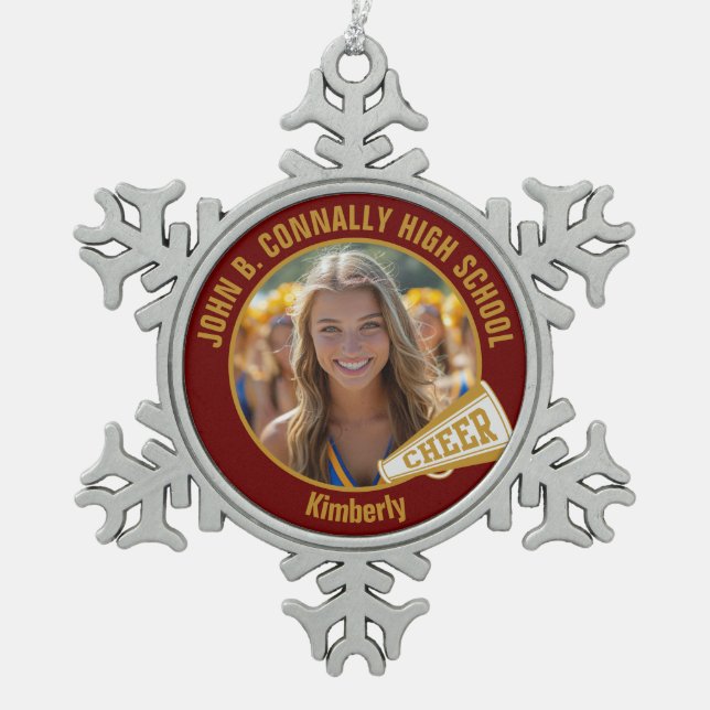 Maroon Gold Cheerleader Photo High School Snowflake Pewter Christmas Ornament (Front)