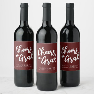 Maroon Gold Cheers Grad Brush Script Graduation Wine Label