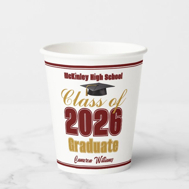 Maroon Gold Class of 2026 Graduation Party Paper Cups (Front)