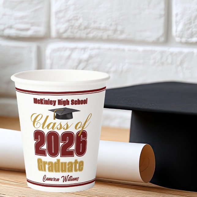 Maroon Gold Class of 2026 Graduation Party Paper Cups (Creator Uploaded)