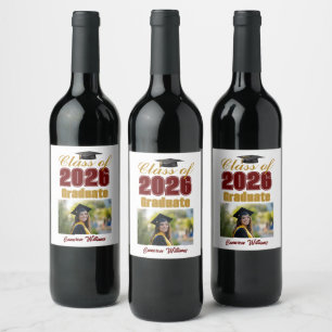 Maroon Gold Class of 2026 Graduation Party Photo Wine Label