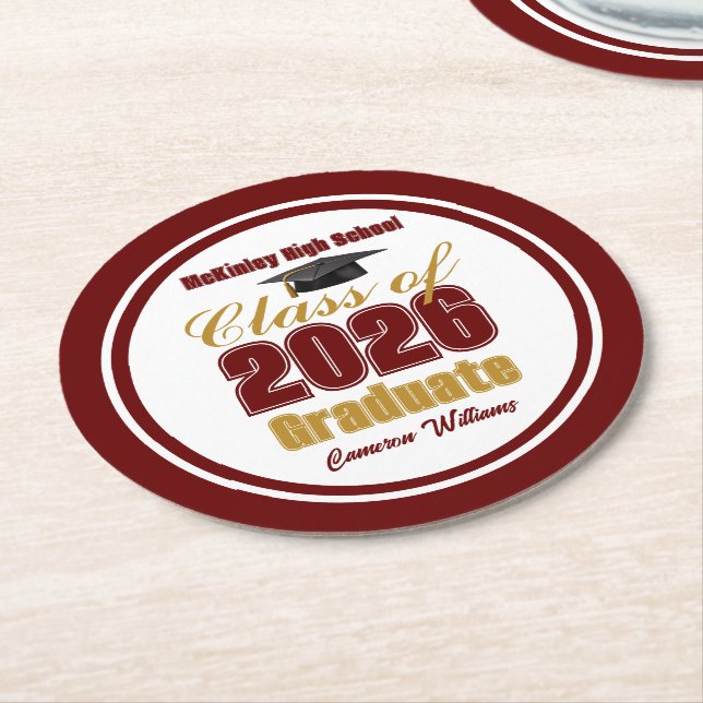 Maroon Gold Class of 2026 Graduation Party Round Paper Coaster (Angled)