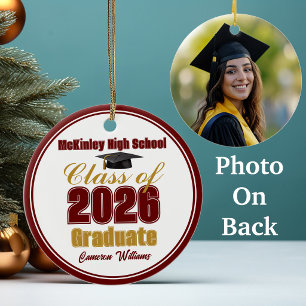 Maroon Gold Class of 2026 Graduation Photo Ceramic Ornament