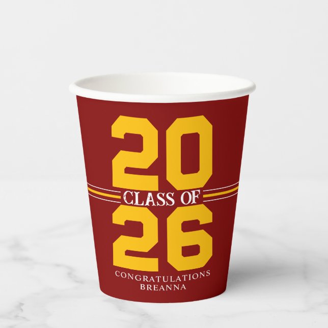 Maroon & Gold Class of Personalised Graduation Paper Cups (Front)