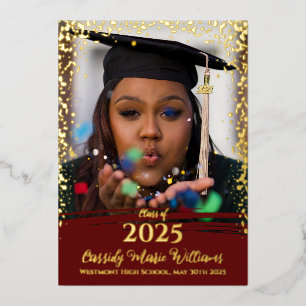 Maroon Gold Confetti Foil Graduation Announcement