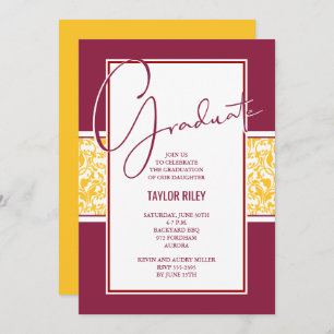 Maroon Gold Damask Graduation Invitation