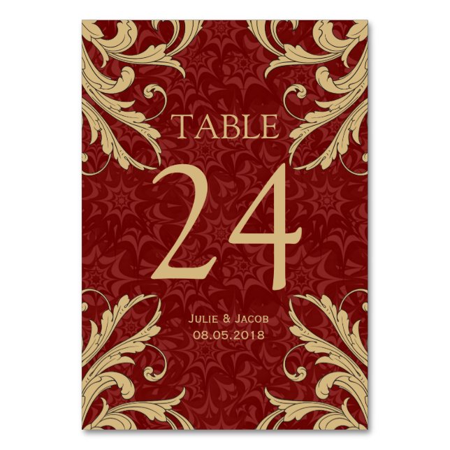 Maroon Gold Damask Wedding Table Cards (Front)
