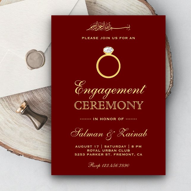 Maroon Gold Diamond Ring Islamic Muslim Engagement Invitation (Creator Uploaded)