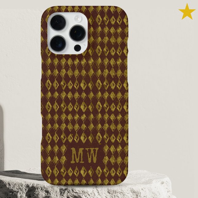 Maroon Gold Doodle Diamond Pattern Custom Monogram iPhone Case (Creator Uploaded)