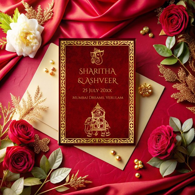 Maroon gold elephant Indian brides luxury wedding Invitation (Maroon gold ornate elephant Indian wedding brides luxury wedding Invitation cards template)