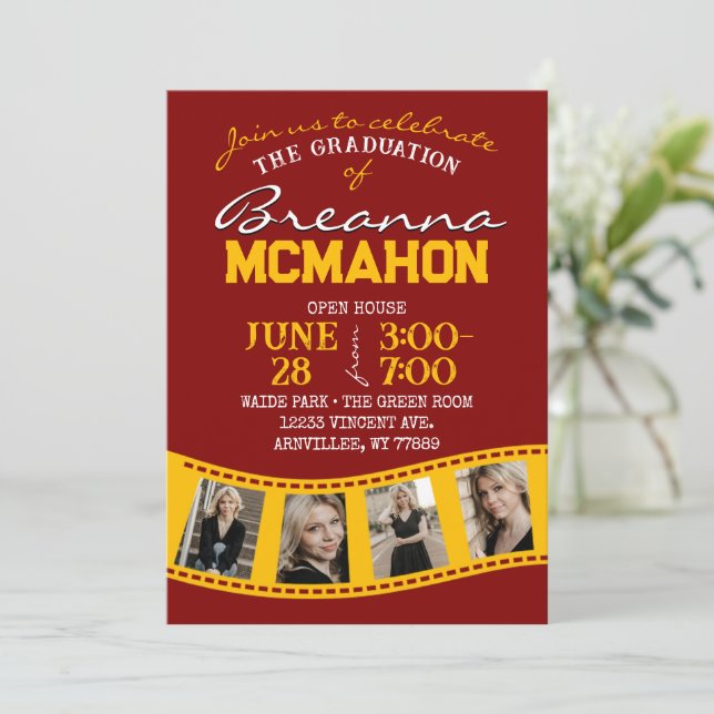Maroon & Gold Filmstrip 5 Photo Graduation Invitation (Standing Front)