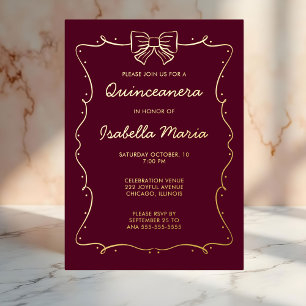Maroon Gold Foil Quinceañera Invitation Hand Drawn