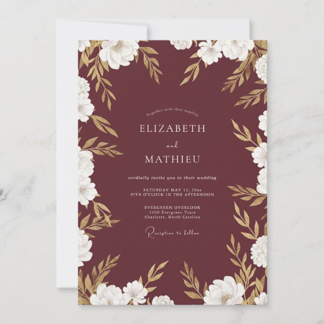 Maroon Gold Foliage Eucalyptus Wedding Invitation (Front)