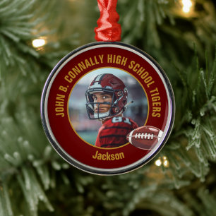 Maroon Gold Football Player Photo Christmas Metal Ornament