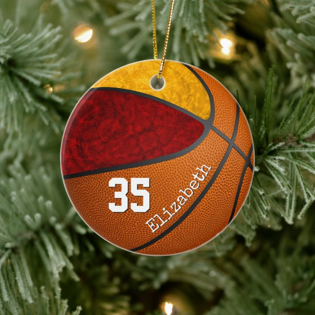 maroon gold girly basketball team colours custom ceramic ornament (Tree)