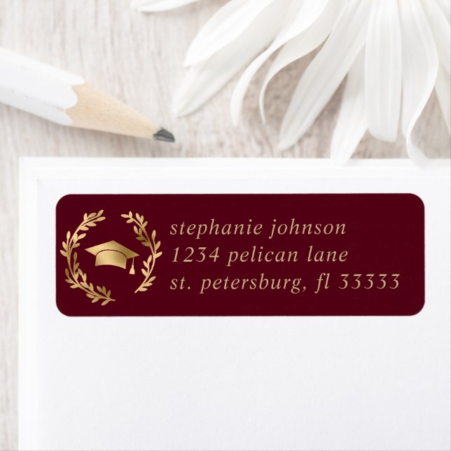 Maroon Gold Grad Cap Graduation Return Address Label (Insitu)