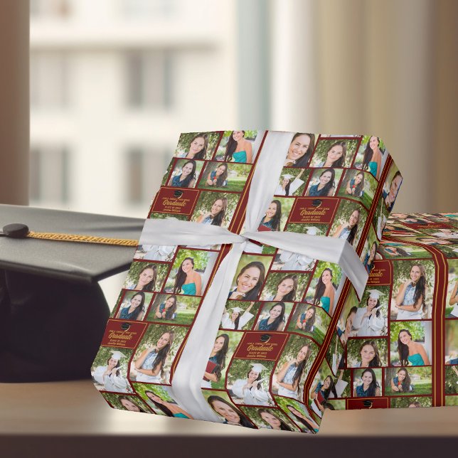 Maroon Gold Graduate 9 Photo Collage Graduation Wrapping Paper (Creator Uploaded)