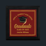 Maroon Gold Graduate Custom 2025 Graduation Party Gift Box<br><div class="desc">This modern maroon and gold custom graduation gift box features classy typography of your high school or college name for the class of 2025. Customise with your graduating year under the chic handwritten script and black grad cap for a great personalised graduate present.</div>