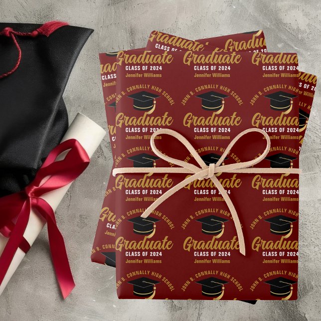 Maroon Gold Graduate Custom 2025 Graduation Party Wrapping Paper Sheet (Creator Uploaded)