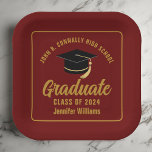 Maroon Gold Graduate Graduation Party Square Paper Plate<br><div class="desc">This modern maroon and gold custom graduation party paper plate features classy typography of your high school or college name for the class of 2025. Customise with your graduating year under the chic handwritten script and black grad cap for great personalised graduate decor.</div>